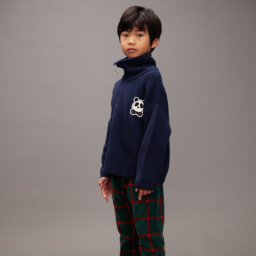 [mini rodini]   Panda patch chunky knit half zip sweater