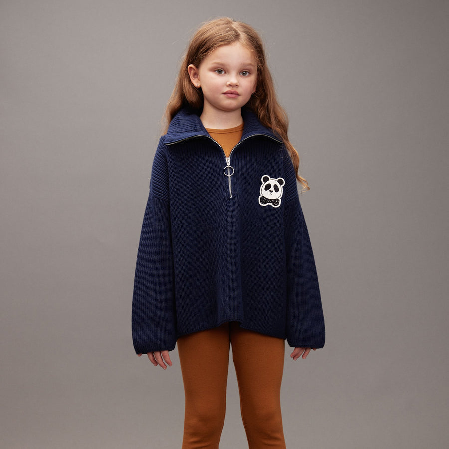 [mini rodini]   Panda patch chunky knit half zip sweater
