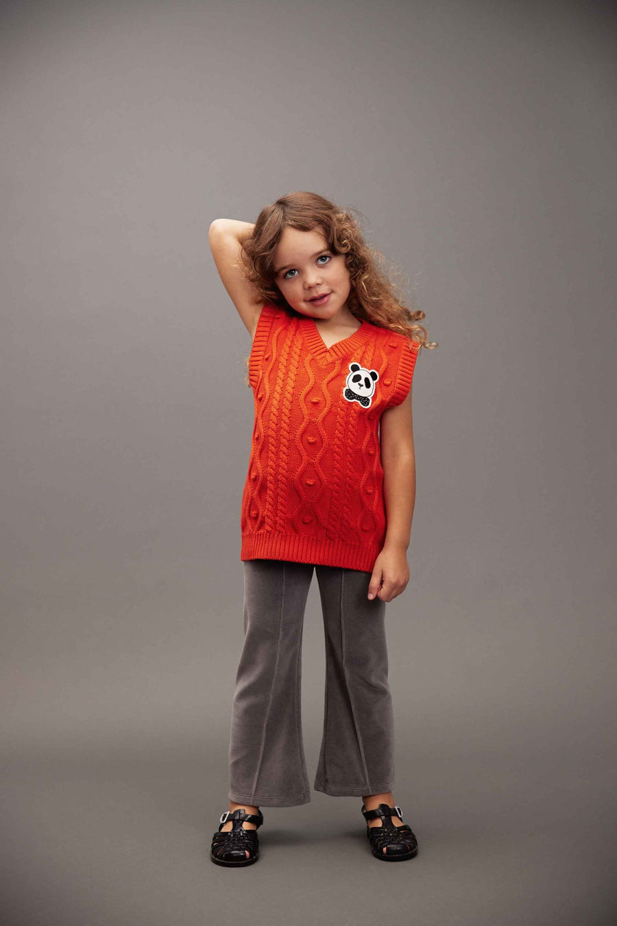 [mini rodini]   Panda patch cable knit v-neck slipover