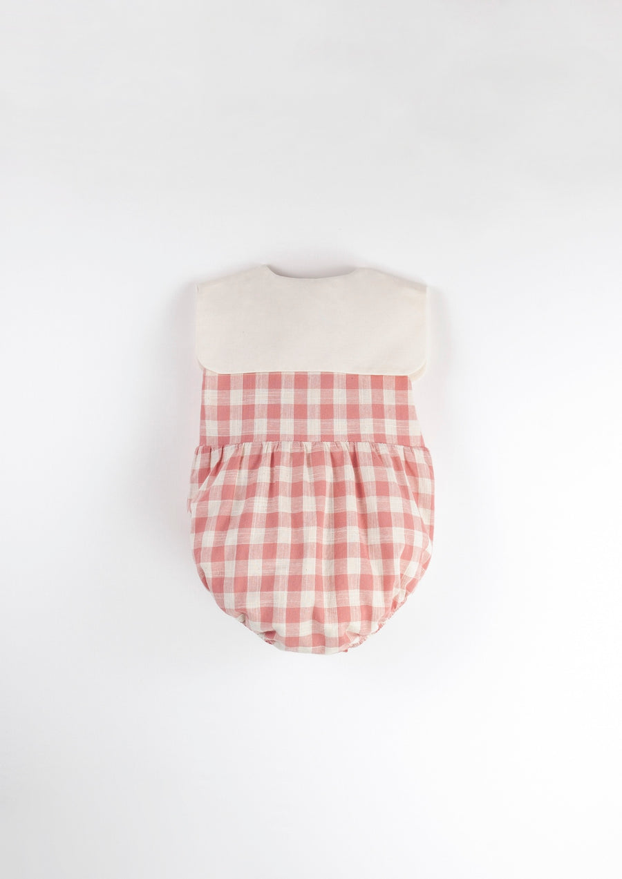 [Popelin]   Pink check romper suit with bib collar