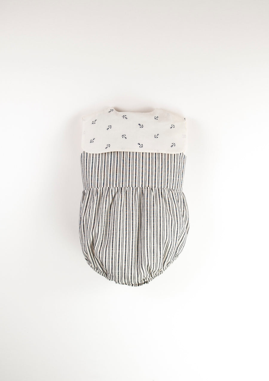 [Popelin]   Embroidered striped romper suit with bib collar