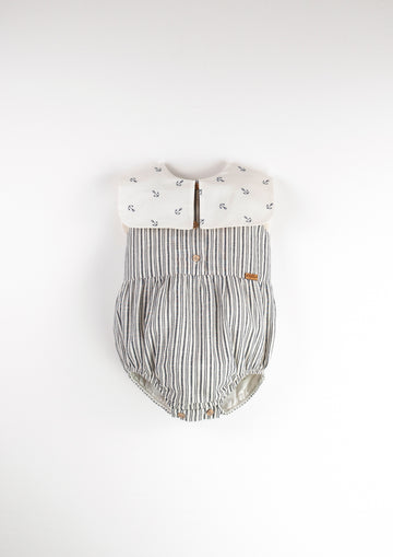 [Popelin]   Embroidered striped romper suit with bib collar