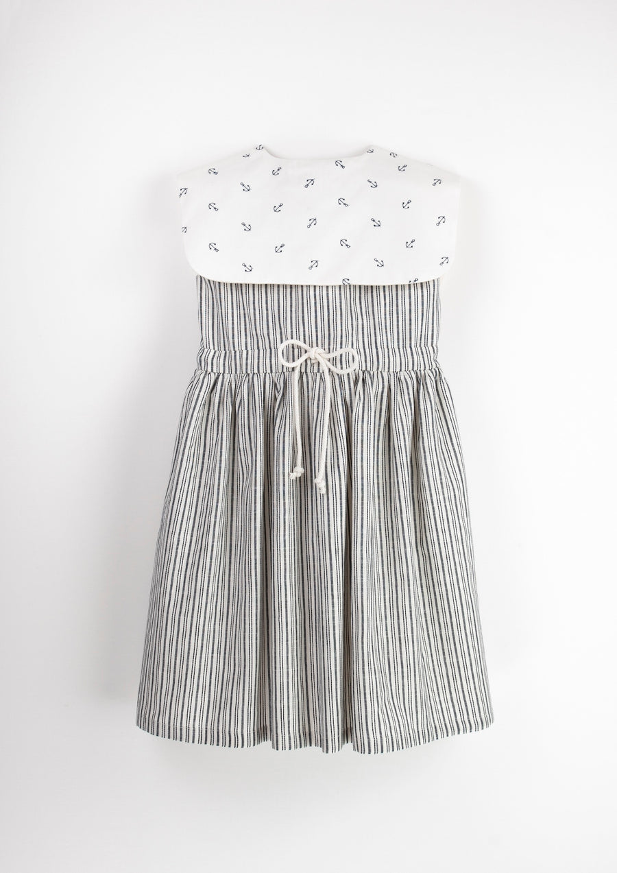 [Popelin]   Embroidered striped dress with bib collar