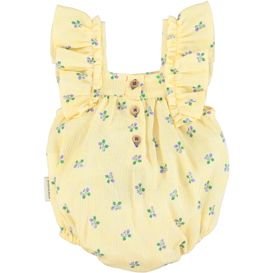 [piupiuchick]   baby romper w/ fringe straps | yellow stripes w/ little flowers