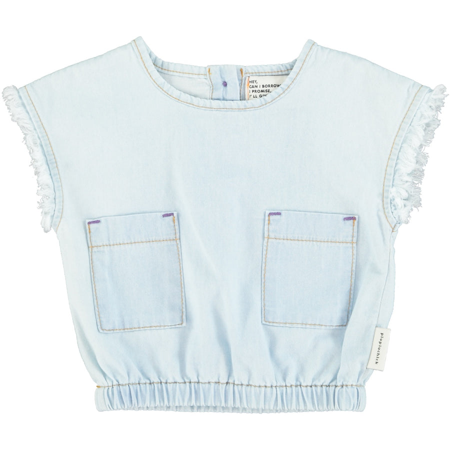 [piupiuchick]   sleeveless blouse w/ fringes | light blue chambray