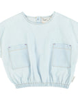 [piupiuchick]   sleeveless blouse w/ fringes | light blue chambray